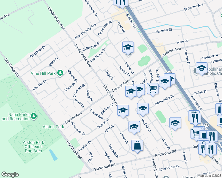 map of restaurants, bars, coffee shops, grocery stores, and more near 2300 Trower Avenue in Napa