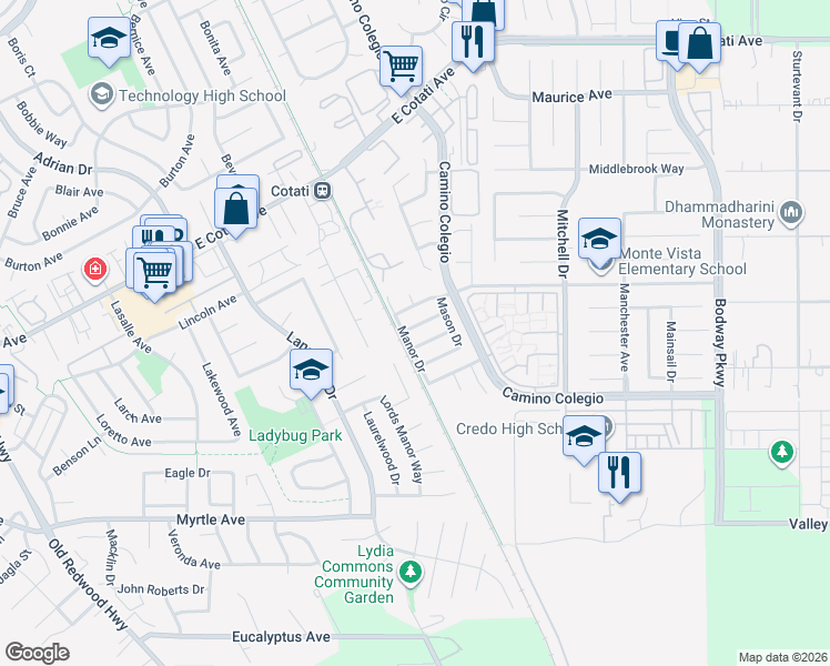 map of restaurants, bars, coffee shops, grocery stores, and more near 1219 Marque Drive in Rohnert Park
