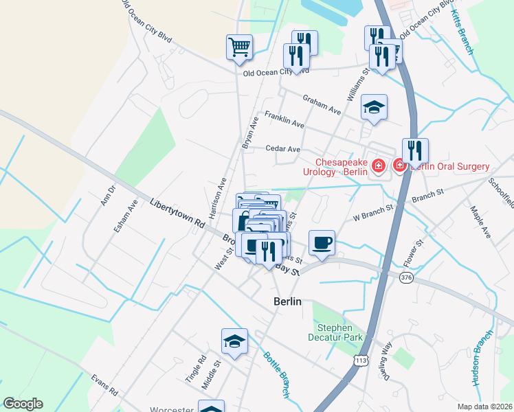 map of restaurants, bars, coffee shops, grocery stores, and more near 3 Powellton Avenue in Berlin