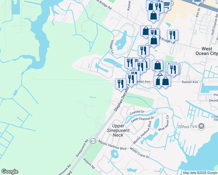 map of restaurants, bars, coffee shops, grocery stores, and more near 12541 Whispering Woods Drive in Ocean City
