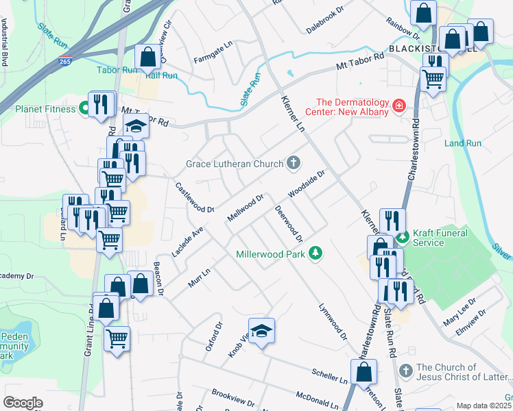 map of restaurants, bars, coffee shops, grocery stores, and more near 921 Mellwood Drive in New Albany