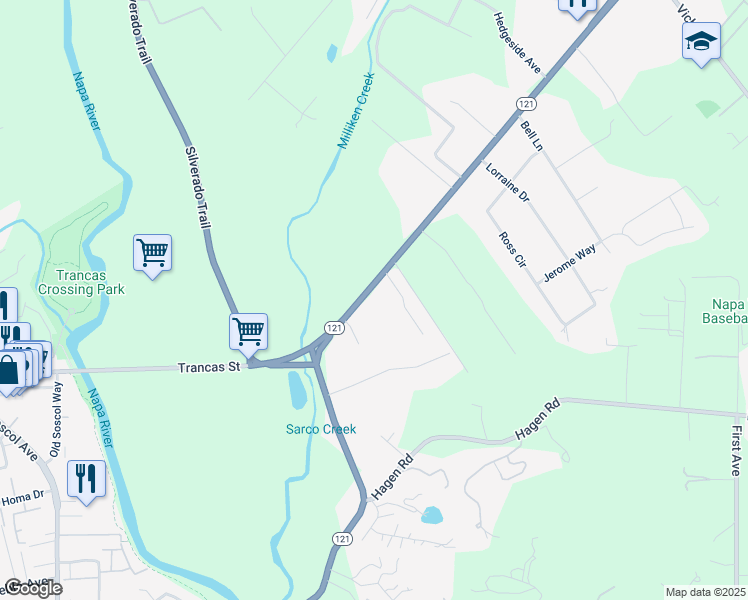 map of restaurants, bars, coffee shops, grocery stores, and more near 1002 Woodside Drive in Napa