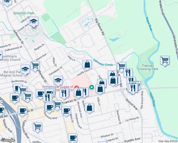map of restaurants, bars, coffee shops, grocery stores, and more near 3550 Villa Lane in Napa