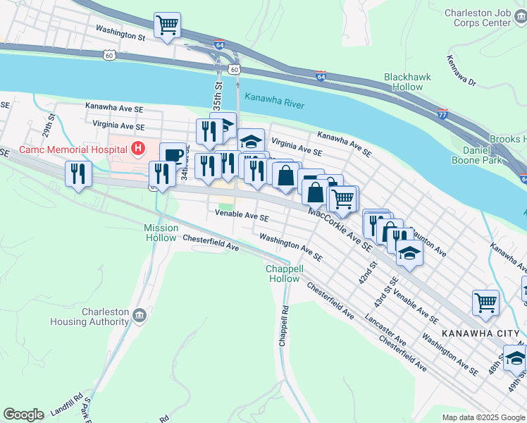 map of restaurants, bars, coffee shops, grocery stores, and more near 3613 36th Street Southeast Bridge in Charleston