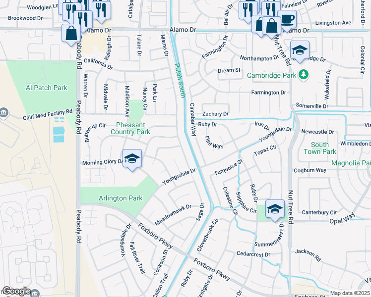 map of restaurants, bars, coffee shops, grocery stores, and more near 377 Marna Drive in Vacaville