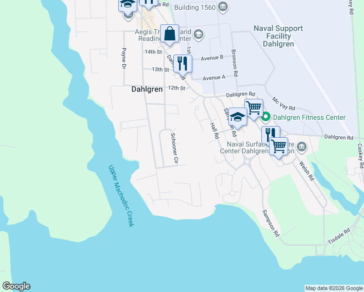 map of restaurants, bars, coffee shops, grocery stores, and more near 17164 Haven Court in King George