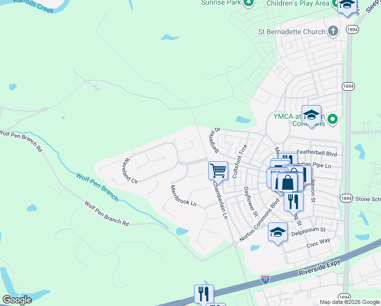 map of restaurants, bars, coffee shops, grocery stores, and more near 9413 Harlow Court in Prospect