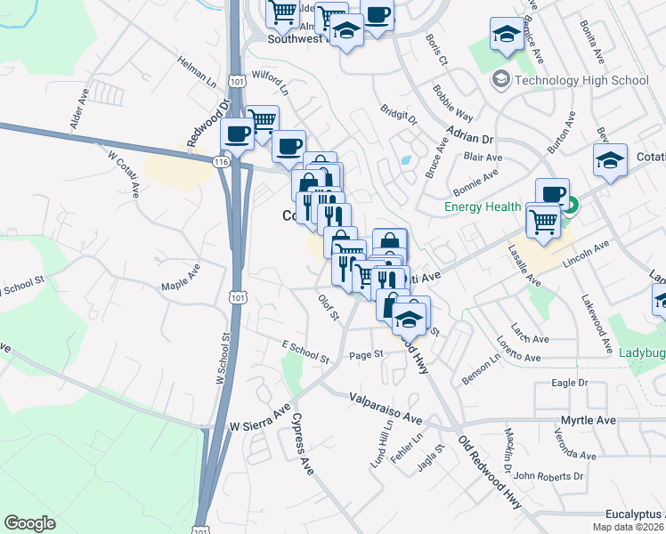 map of restaurants, bars, coffee shops, grocery stores, and more near 8015 Old Redwood Highway in Cotati