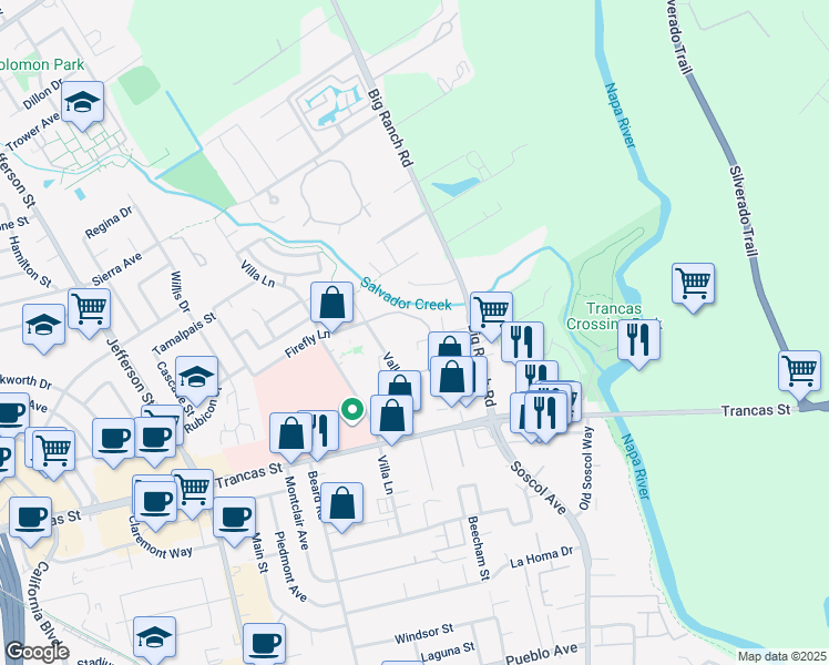 map of restaurants, bars, coffee shops, grocery stores, and more near 3562 Shelter Creek Drive in Napa