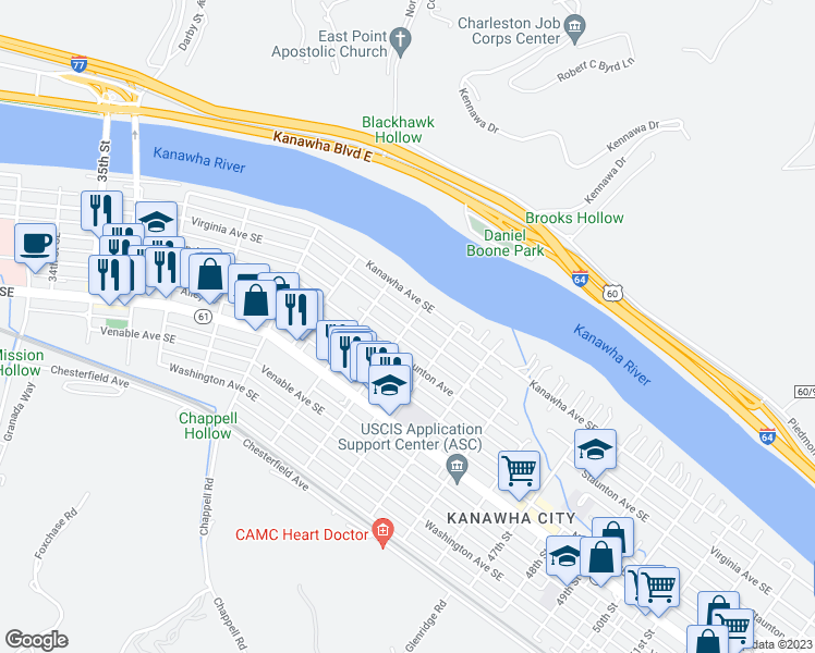 map of restaurants, bars, coffee shops, grocery stores, and more near 98 42nd Street Southeast in Charleston