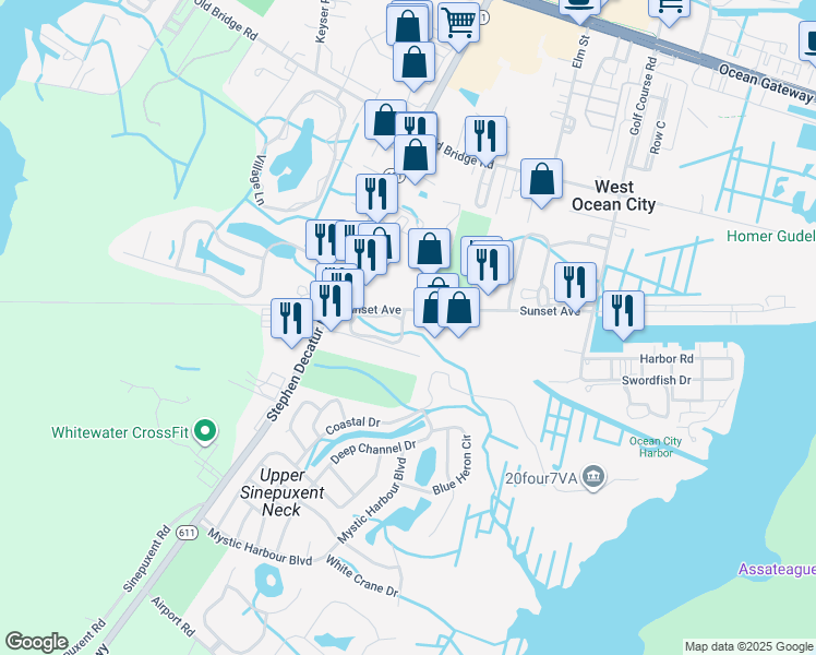 map of restaurants, bars, coffee shops, grocery stores, and more near 12626 Sunset Avenue in Ocean City