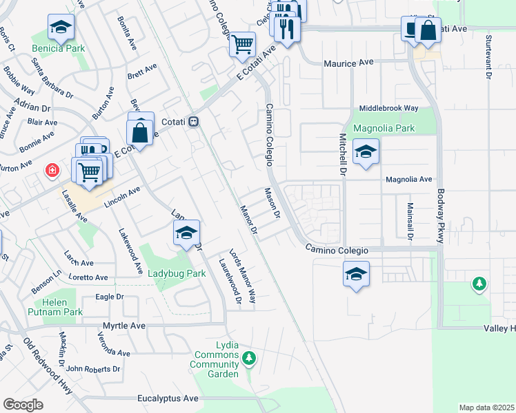 map of restaurants, bars, coffee shops, grocery stores, and more near 1211 Mateo Drive in Rohnert Park