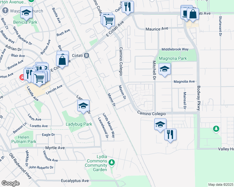 map of restaurants, bars, coffee shops, grocery stores, and more near 1215 Magnolia Avenue in Rohnert Park