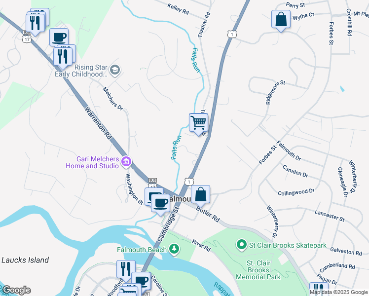 map of restaurants, bars, coffee shops, grocery stores, and more near 141 Cambridge Street in Fredericksburg