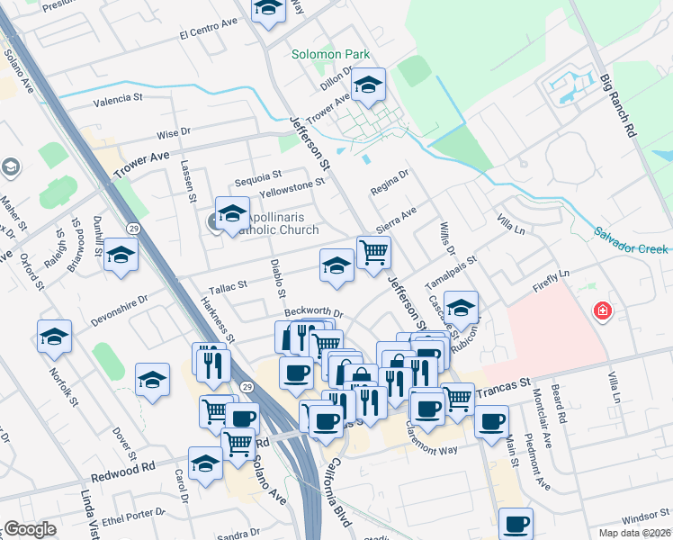 map of restaurants, bars, coffee shops, grocery stores, and more near 1500 Tallac Street in Napa