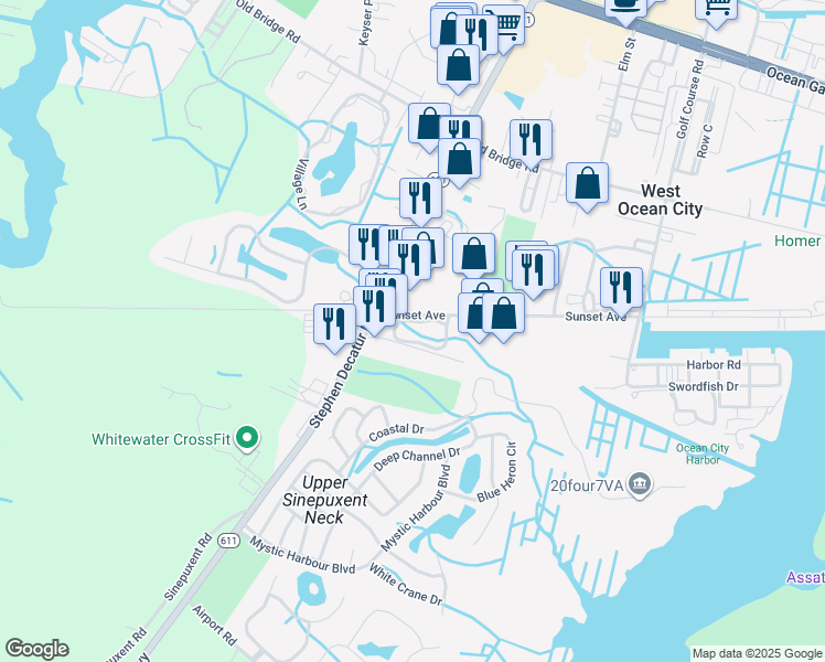 map of restaurants, bars, coffee shops, grocery stores, and more near 12626 Sunset Avenue in Ocean City