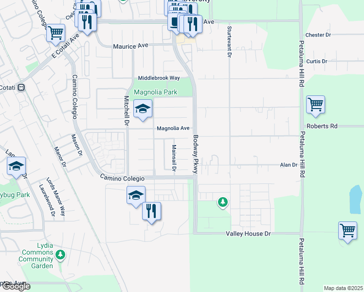 map of restaurants, bars, coffee shops, grocery stores, and more near 1530 Marcel Place in Rohnert Park