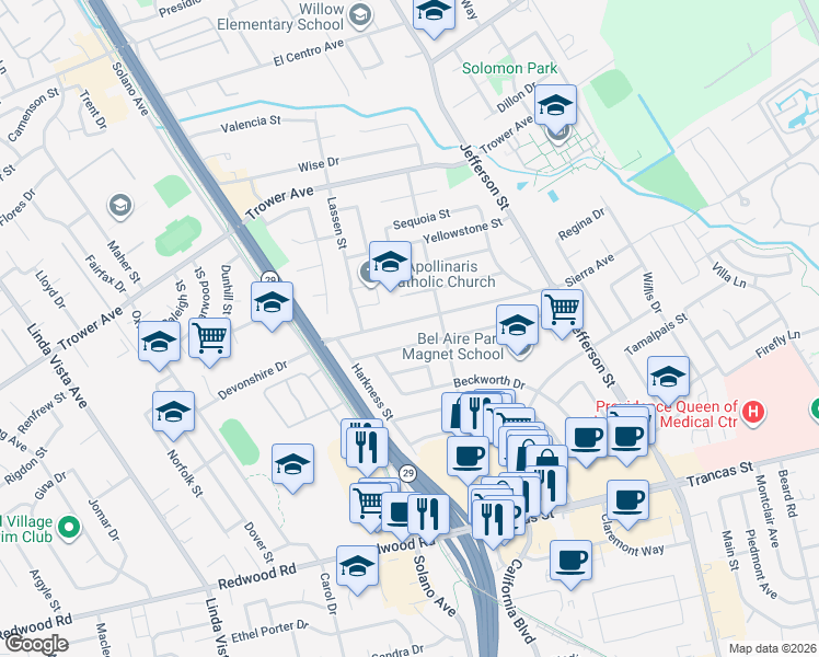 map of restaurants, bars, coffee shops, grocery stores, and more near 1799 Sierra Avenue in Napa