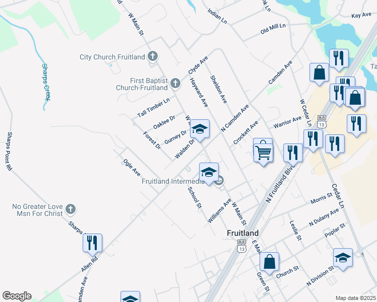 map of restaurants, bars, coffee shops, grocery stores, and more near 104 Walden Drive in Fruitland