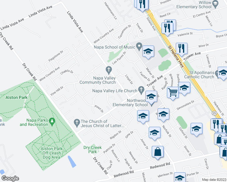 map of restaurants, bars, coffee shops, grocery stores, and more near 19 Packard Court in Napa