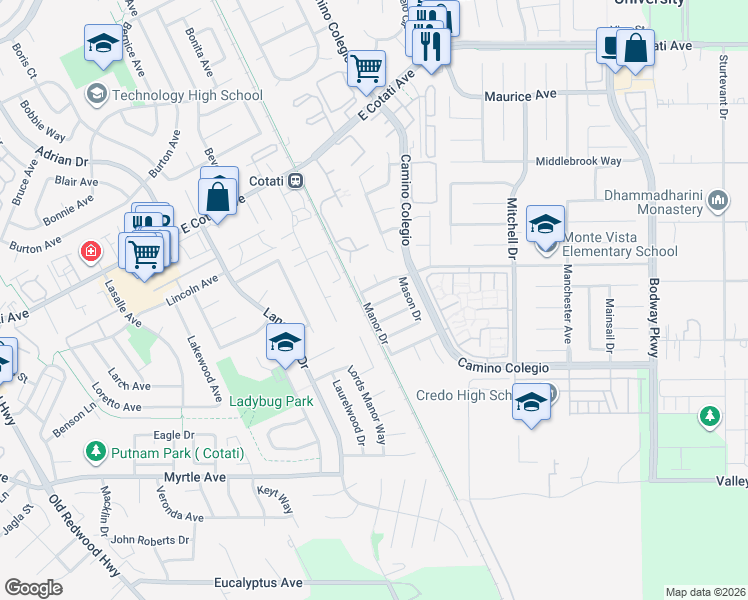 map of restaurants, bars, coffee shops, grocery stores, and more near 1215 Magnolia Avenue in Rohnert Park