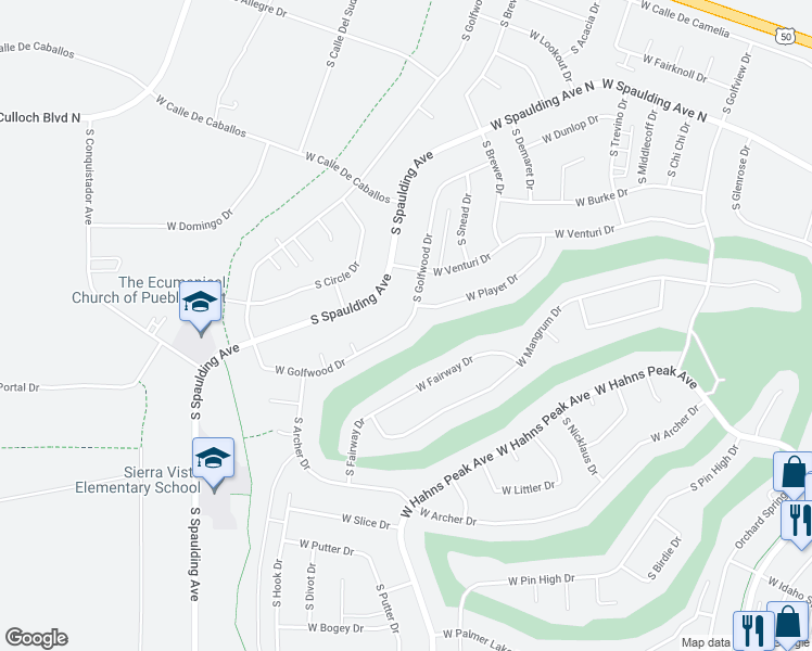 map of restaurants, bars, coffee shops, grocery stores, and more near 230 South Golfwood Drive in Pueblo West