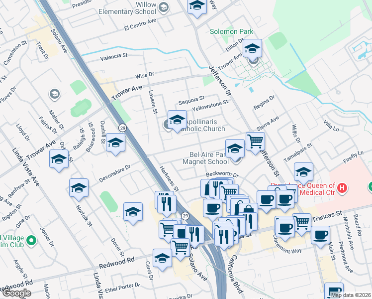 map of restaurants, bars, coffee shops, grocery stores, and more near 1799 Sierra Avenue in Napa