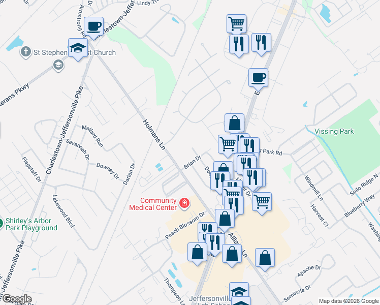 map of restaurants, bars, coffee shops, grocery stores, and more near 3104 Holmans Lane in Jeffersonville