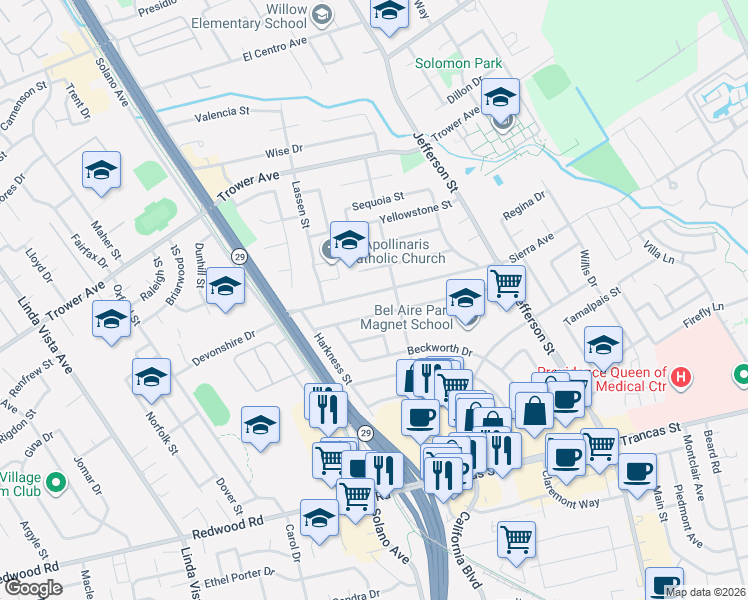 map of restaurants, bars, coffee shops, grocery stores, and more near 1744 Sierra Avenue in Napa