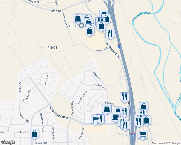 map of restaurants, bars, coffee shops, grocery stores, and more near 5300 Outlook Boulevard in Pueblo
