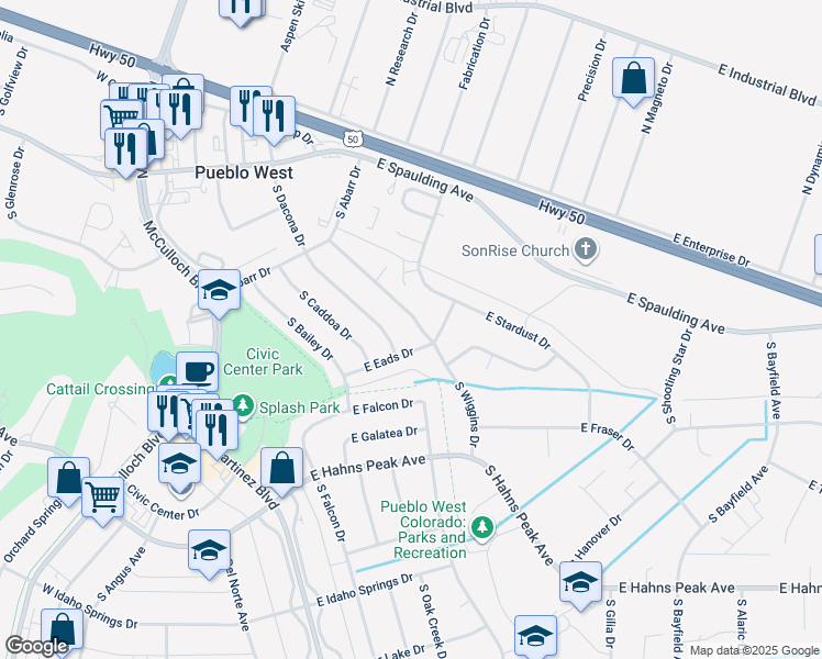 map of restaurants, bars, coffee shops, grocery stores, and more near 199 S Wiggins Dr in Pueblo