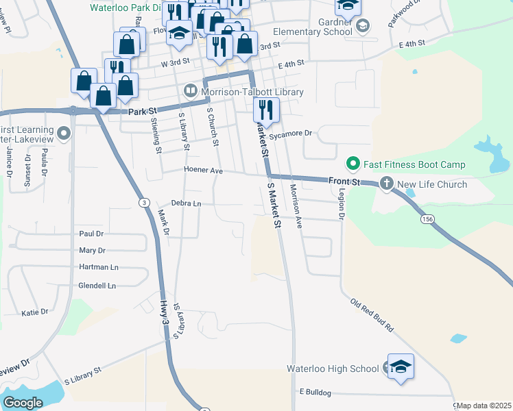 map of restaurants, bars, coffee shops, grocery stores, and more near 103 East Hartman in Waterloo