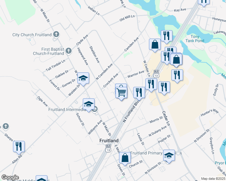map of restaurants, bars, coffee shops, grocery stores, and more near 111 Linda Drive in Fruitland