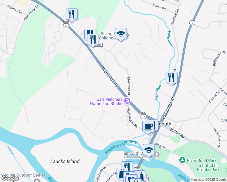 map of restaurants, bars, coffee shops, grocery stores, and more near 20 Heartfields Lane in Falmouth