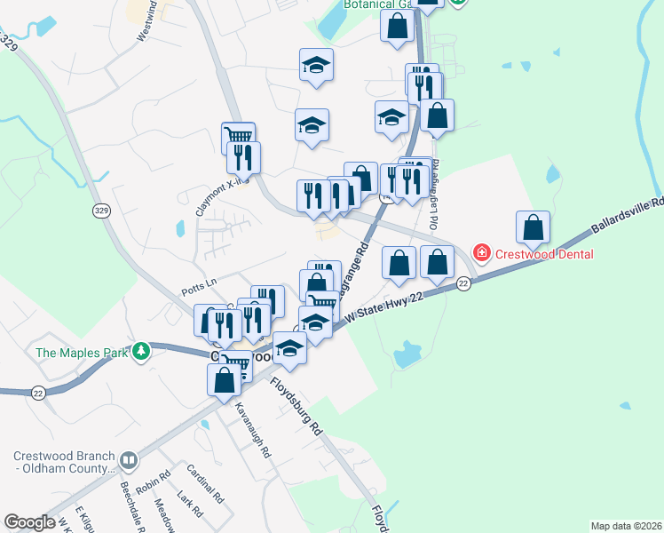 map of restaurants, bars, coffee shops, grocery stores, and more near 6204 Hillcrest Court in Crestwood