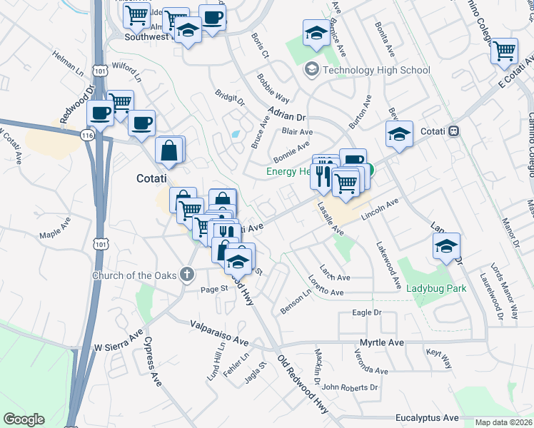 map of restaurants, bars, coffee shops, grocery stores, and more near 419 Matteri Circle in Cotati