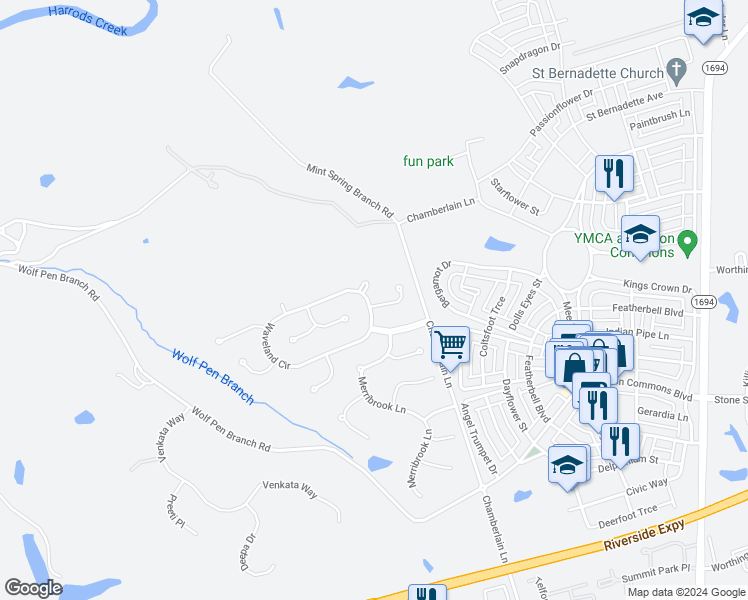 map of restaurants, bars, coffee shops, grocery stores, and more near 9401 Harlow Court in Prospect