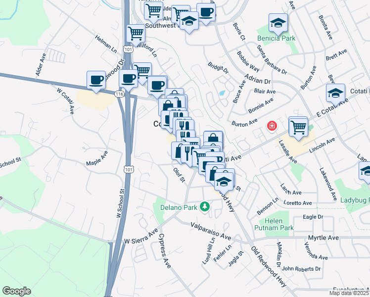 map of restaurants, bars, coffee shops, grocery stores, and more near 8015 Old Redwood Highway in Cotati