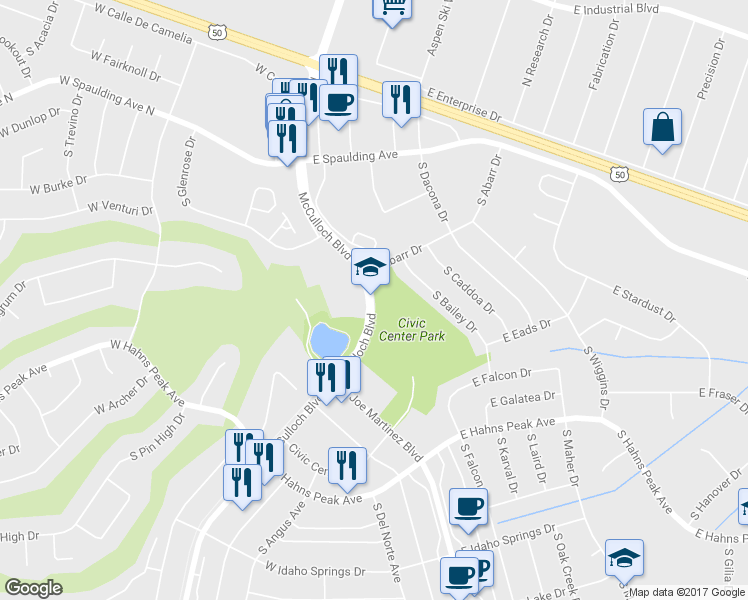 map of restaurants, bars, coffee shops, grocery stores, and more near 201 McCulloch Boulevard in Pueblo West