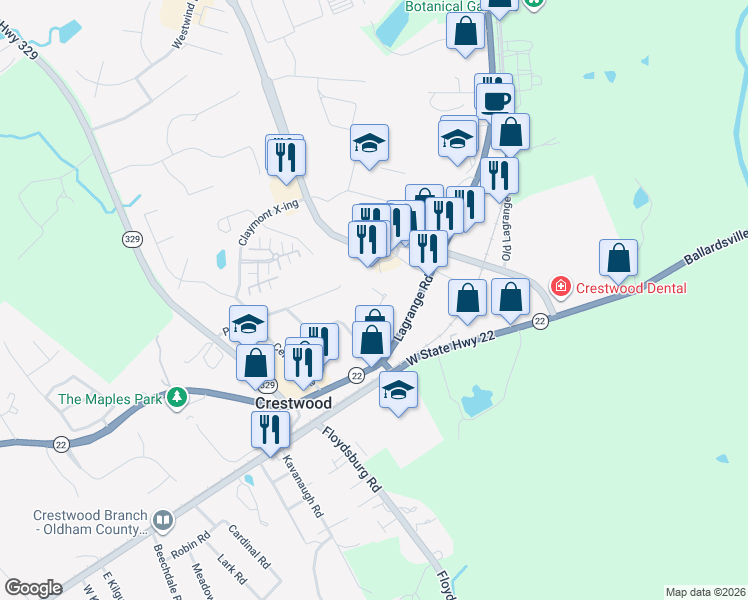 map of restaurants, bars, coffee shops, grocery stores, and more near 6204 Hillcrest Court in Crestwood
