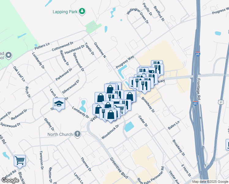 map of restaurants, bars, coffee shops, grocery stores, and more near 1125 Veterans Parkway in Clarksville