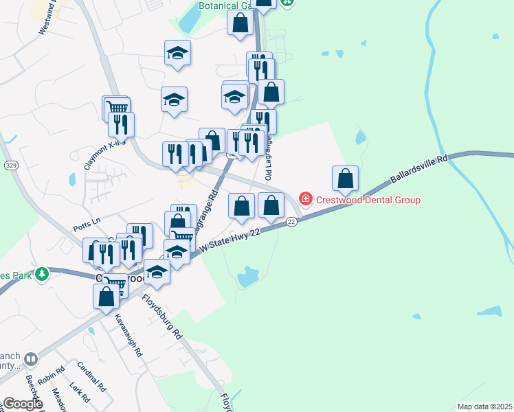 map of restaurants, bars, coffee shops, grocery stores, and more near 5901 Kentucky 22 in Crestwood
