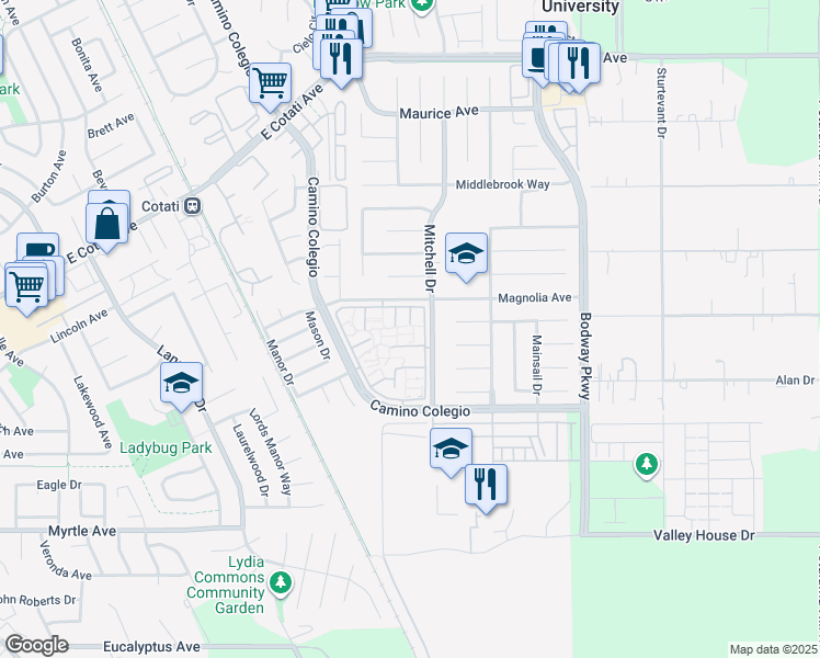 map of restaurants, bars, coffee shops, grocery stores, and more near 8201 Camino Colegio in Rohnert Park