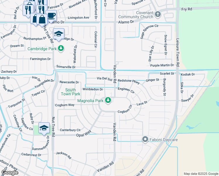 map of restaurants, bars, coffee shops, grocery stores, and more near 3037 Wimbledon Court in Vacaville