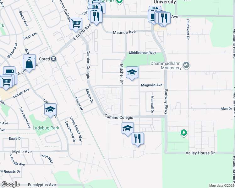 map of restaurants, bars, coffee shops, grocery stores, and more near 8201 Camino Colegio in Rohnert Park