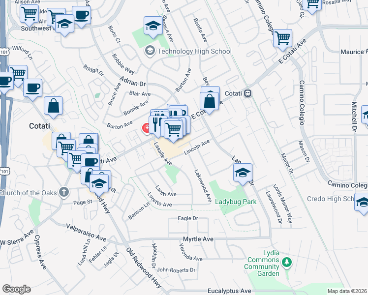 map of restaurants, bars, coffee shops, grocery stores, and more near 443 Lincoln Avenue in Cotati