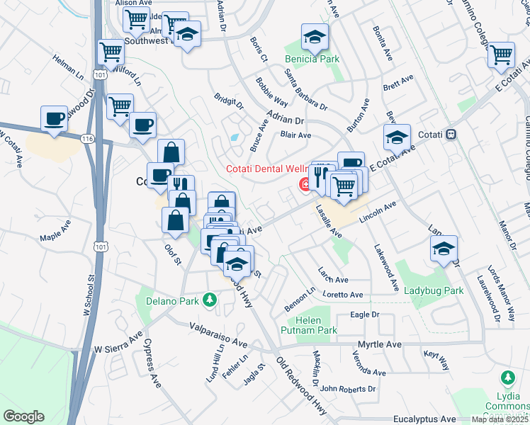 map of restaurants, bars, coffee shops, grocery stores, and more near 417 Matteri Circle in Cotati