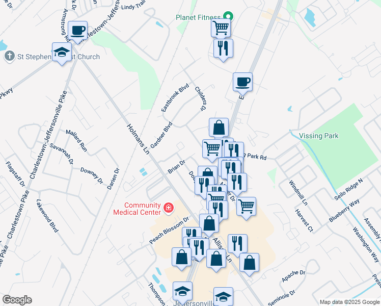 map of restaurants, bars, coffee shops, grocery stores, and more near 3107 Brian Drive in Jeffersonville