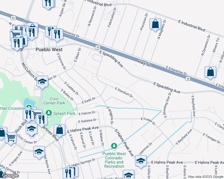 map of restaurants, bars, coffee shops, grocery stores, and more near 354 East Stardust Drive in Pueblo West