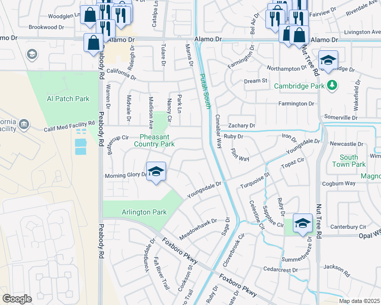 map of restaurants, bars, coffee shops, grocery stores, and more near 585 Countryside Drive in Vacaville